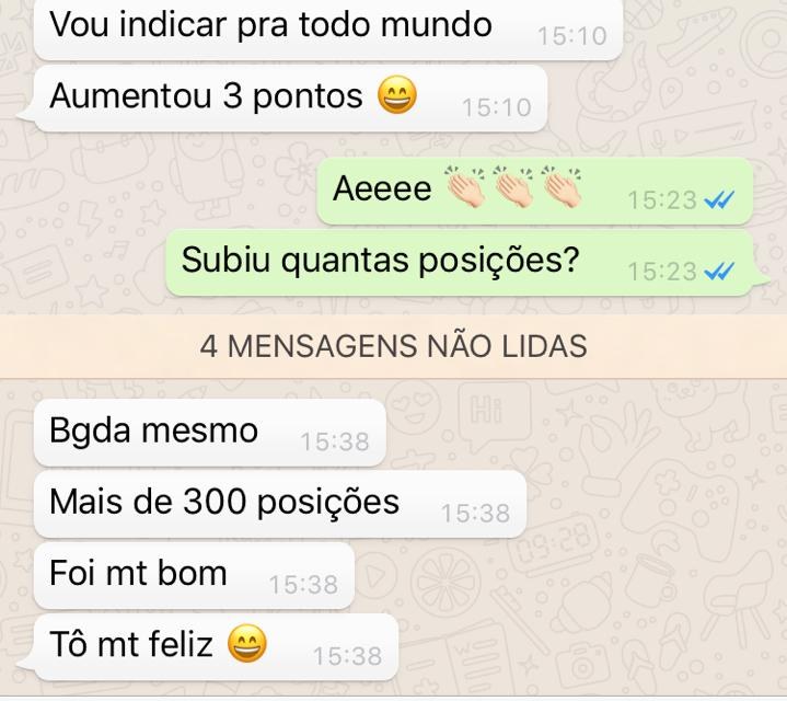 Mensagens de candidata informando aumento de 3 pontos e mais de 300 posições na classificação