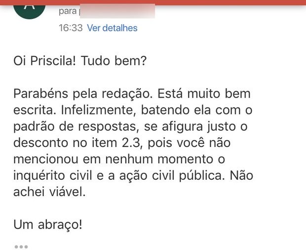 E-mail em que o professor responde à candidata que o desconto da banca se afigura justo e que não achou o recurso viável