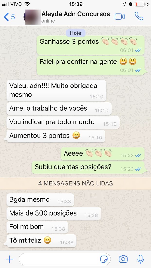 Conversa em que a aluna informa aumento de 3 pontos na nota da discursiva
