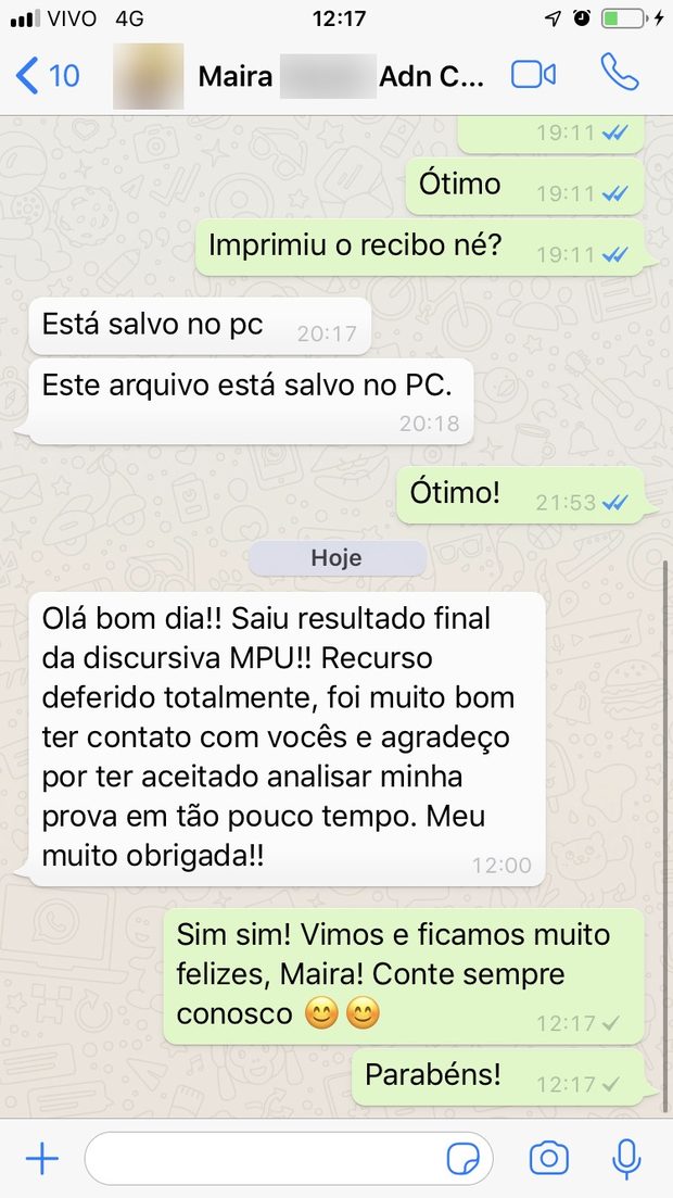 Conversa em que a aluna informa recurso deferido totalmente