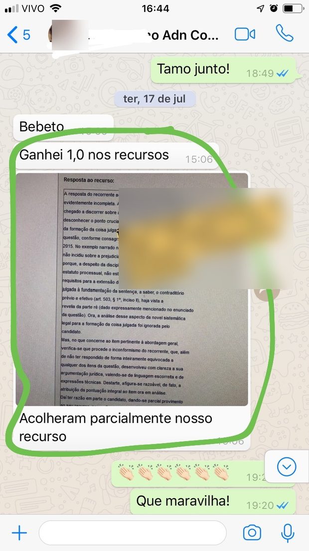 Conversa mostrando a resposta da banca com provimento parcial do recurso