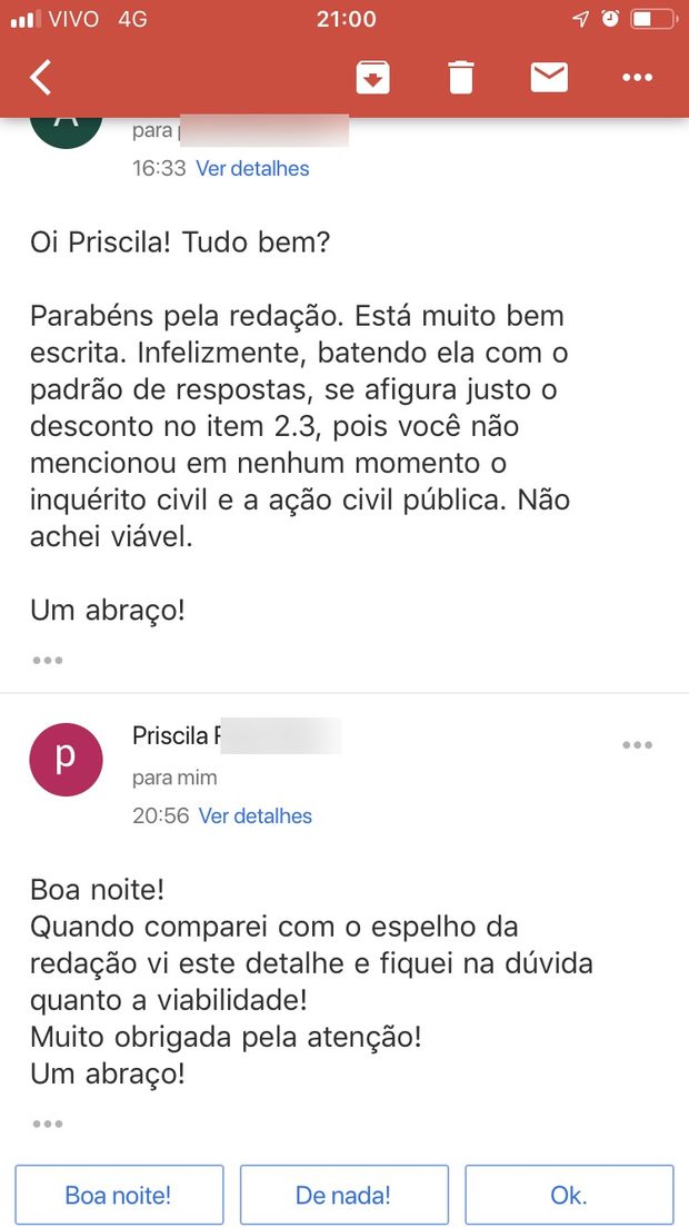 Mensagem em que o professor informa à aluna que o recurso não era viável